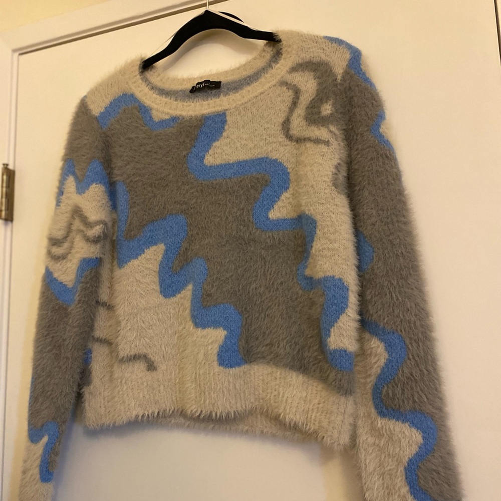 Very J Fuzzy Cream and Blue Sweater